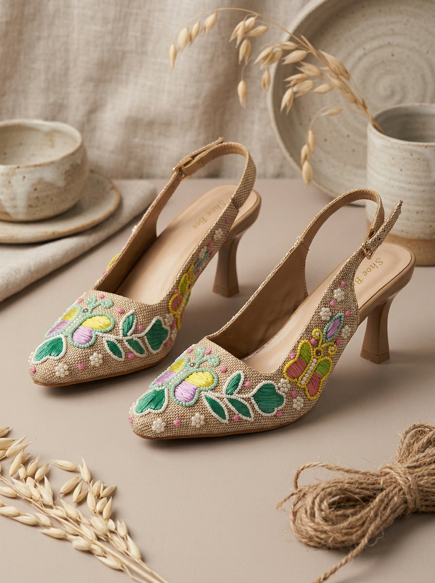 Embroidered Slingback Heels