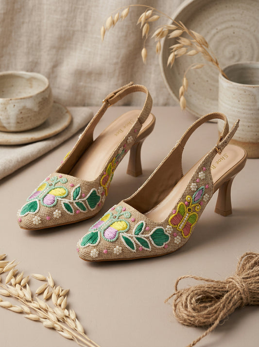 Embroidered Slingback Heels
