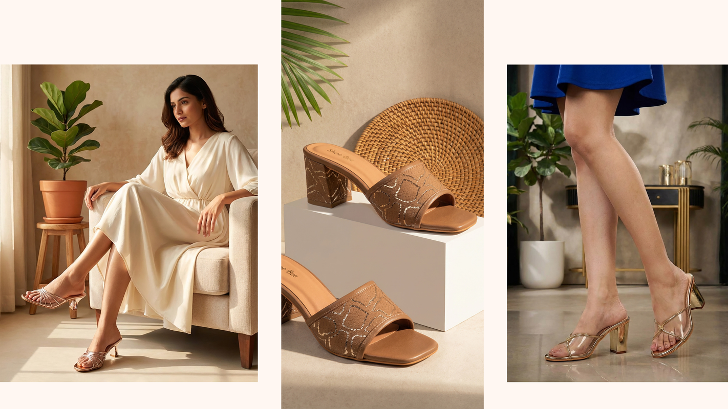 Brown high-heeled shoes with decorative patterns displayed on a white surface, surrounded by indoor plants.