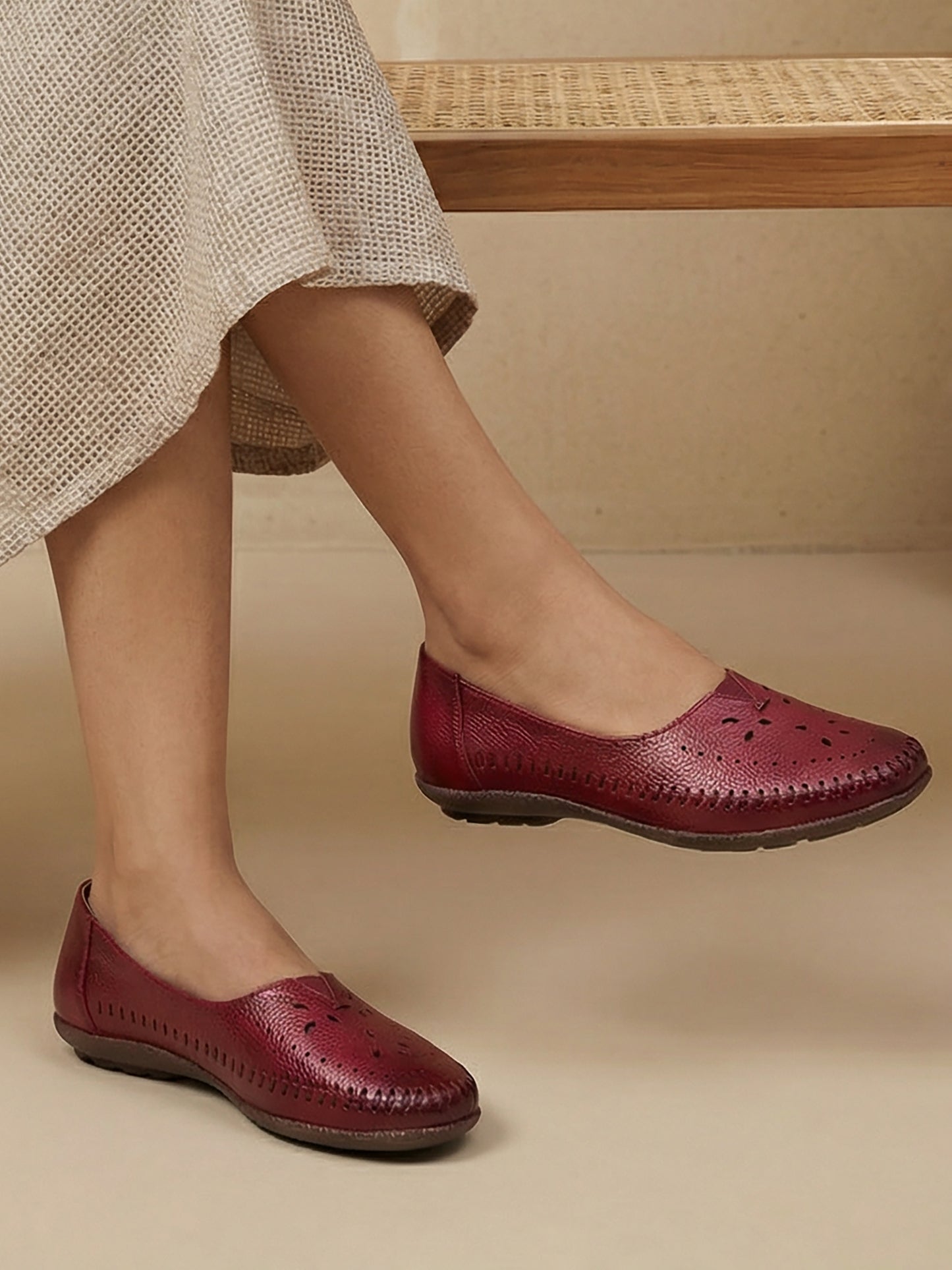 Maroon Leather Flat Heel