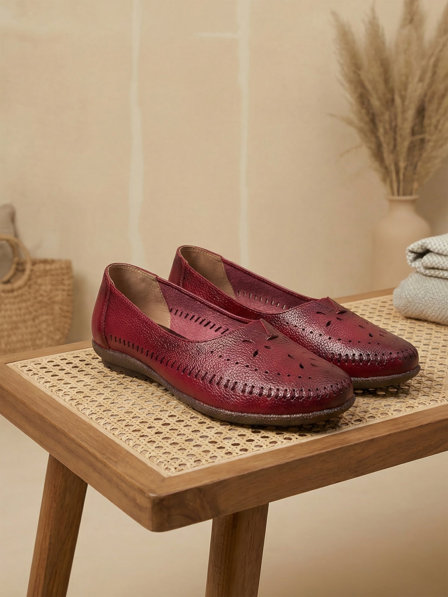 Maroon Leather Flat Heel
